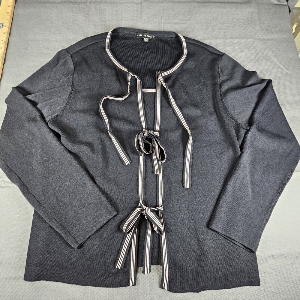 CAROLYN TAYLOR Black Ribbed‎ Cardigan Sweater Tie Front Women's XL